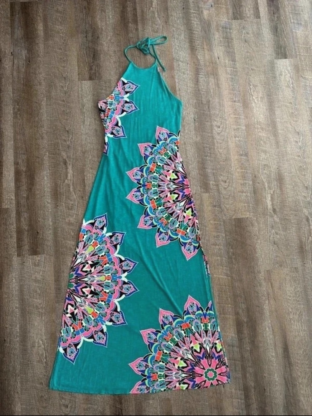 Women’s Teal Halter Maxi Dress with Pink Floral Mandala Print